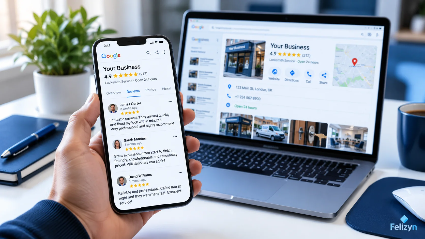 Smartphone showing five-star Google reviews in the foreground with a laptop displaying a business directory listing in the background on a modern office desk.