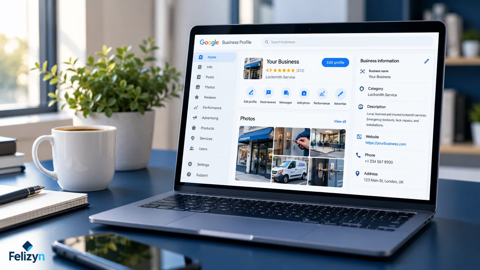 Laptop on a navy blue desk showing a Google Business Profile dashboard with business photos, star ratings, and category selection fields.